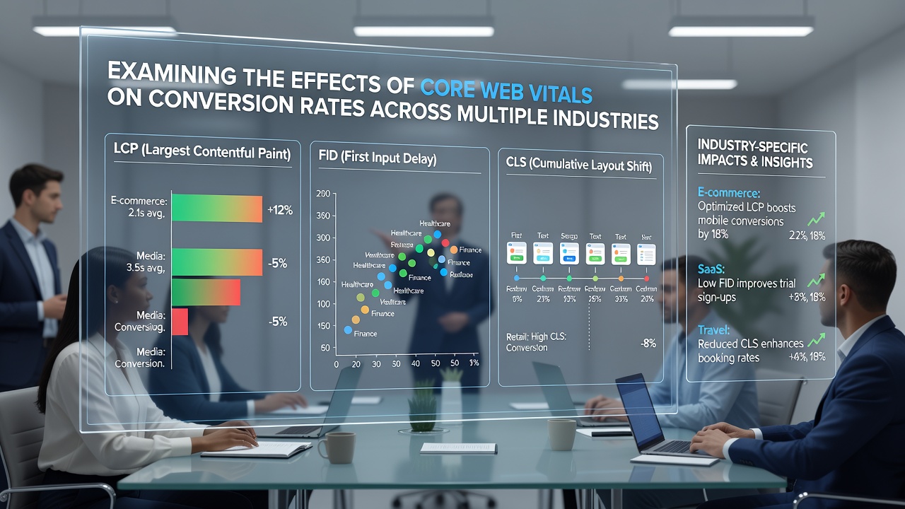 Infographic illustrating conversion rate improvements tied to Core Web Vitals scores across healthcare, finance, and travel industries