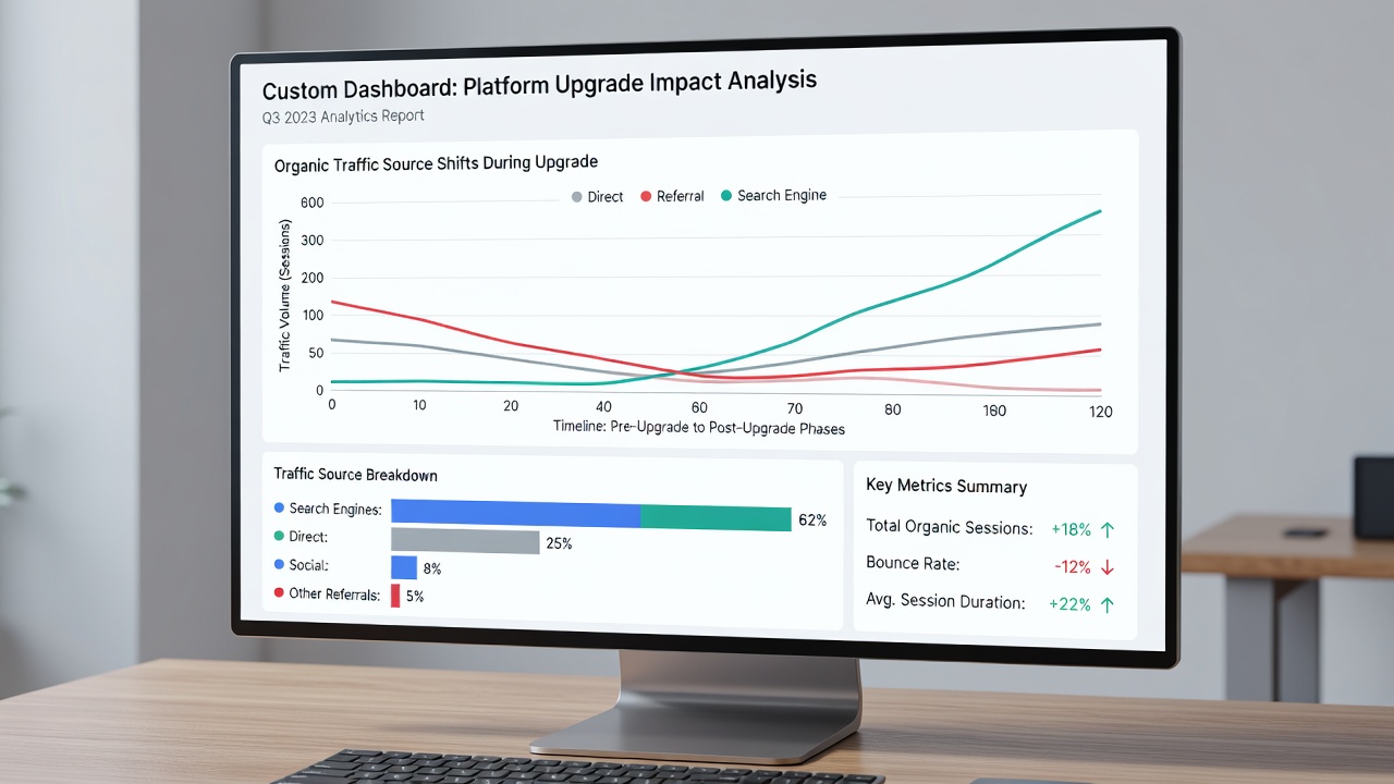 Segmented analytics view comparing pre-upgrade and post-upgrade organic traffic distribution across multiple search engines with trend lines